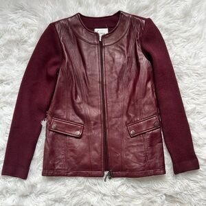 Womens Burgundy Leather Ribbed Knit 2 Way Zip Up Jacket LINEA By LOUIS DELL'OLIO